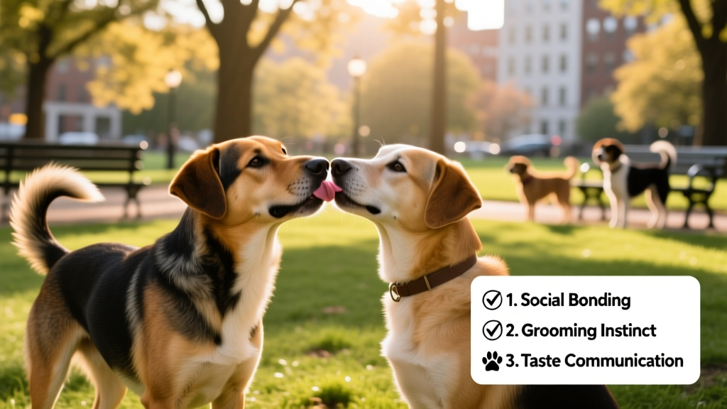 Two friendly dogs greeting each other at a dog park, one gently licking the other's muzzle