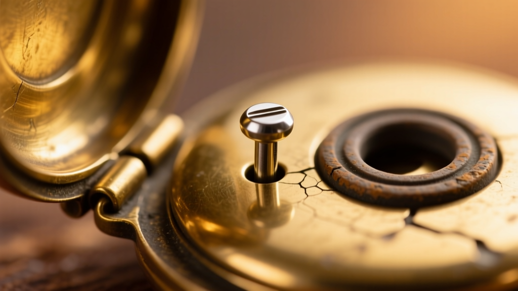 Macro shot of a brass apothecary locket hinge showing a 1.2mm steel pin and a worn rubber O-ring seal against a blurred background.