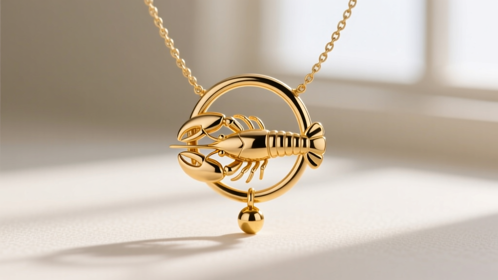 Macro shot of a small 14k gold lobster clasp attached to a circular hoop necklace, showing a tiny added gold counterweight bead