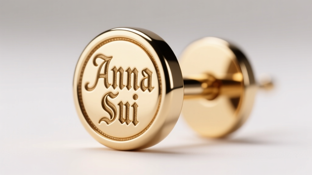 Macro shot of an Anna Sui earring hallmark stamp on a brass post backing, showing crisp font details under bright studio lighting.