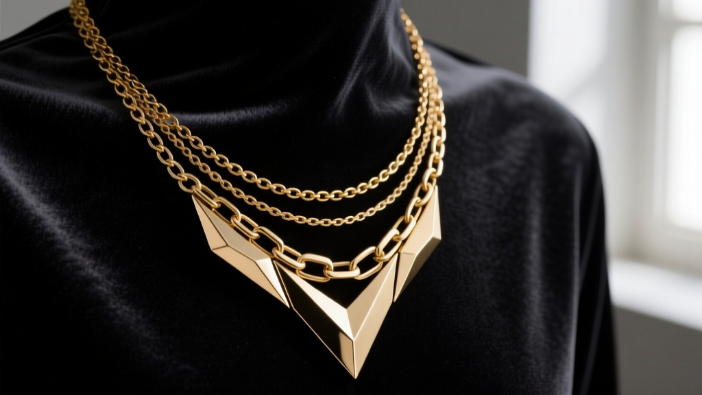 Close-up of brushed brass geometric necklace display holding a layered 14k gold chain setup against a dark charcoal velvet backdrop