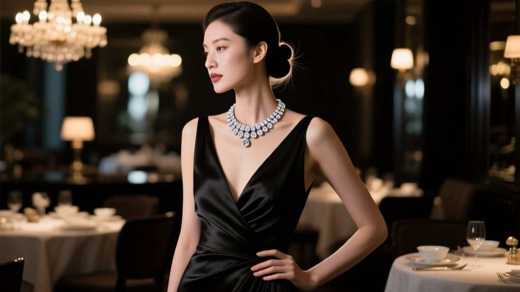 Elegant woman wearing a 16-inch white gold diamond choker necklace with a deep V-neck black evening gown in dimly lit restaurant