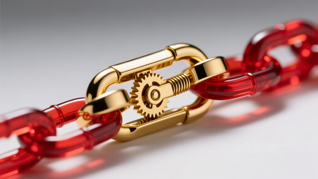 Macro shot of a 15mm gold lobster clasp on a red acrylic chain, highlighting the secure mechanical metal closure mechanism