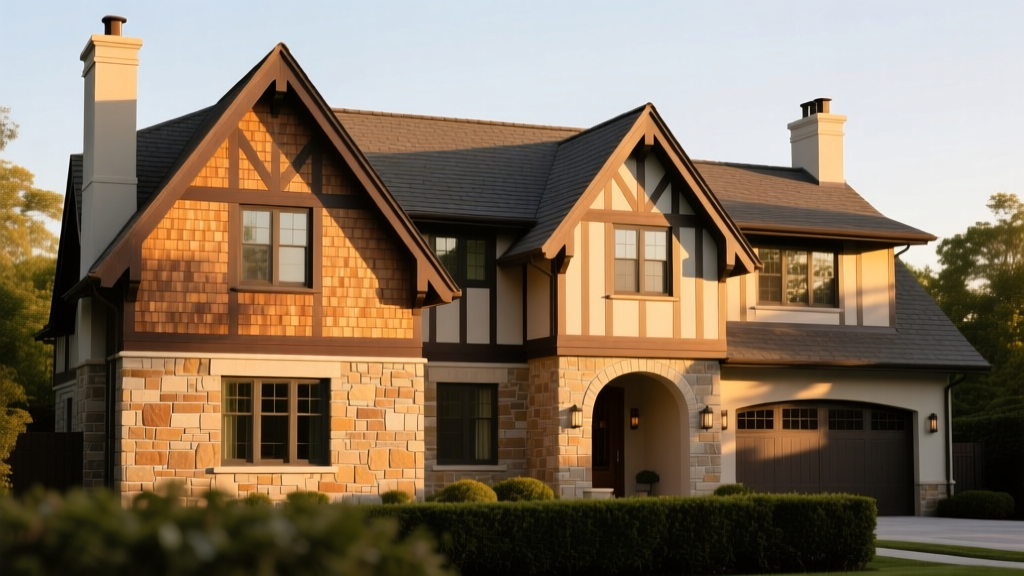 Elegant Tudor-style home in Syosset New York featuring a newly installed manufactured stone veneer wainscot and warm cedar shake siding
