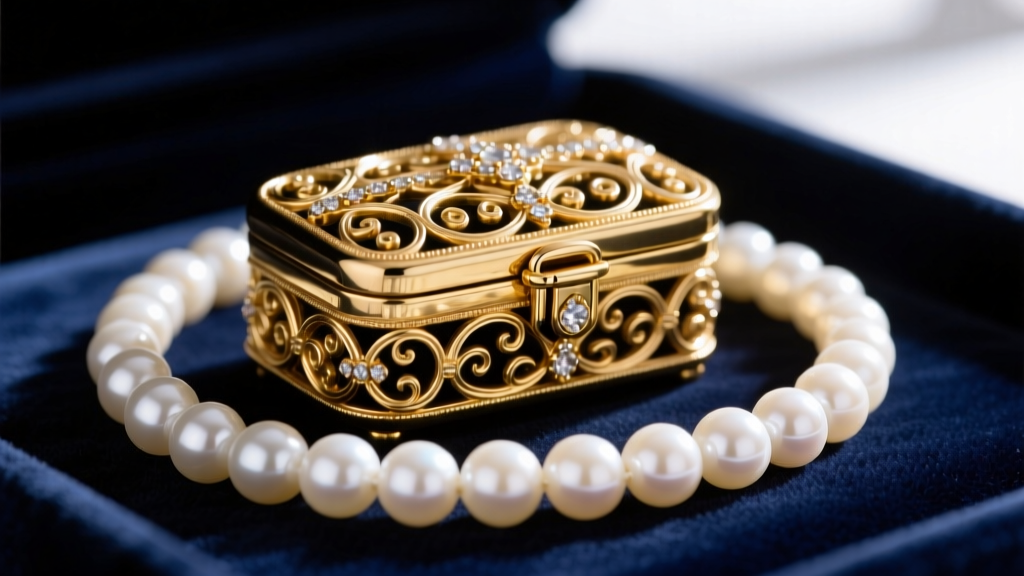 Close-up of a vintage 14k gold filigree box clasp with a safety catch on a knotted white pearl necklace, resting on dark velvet.