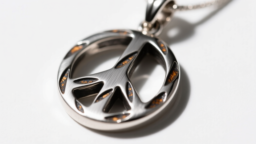 Macro shot of a .925 silver peace pendant showing brushed finishing and dark oxidation in deep crevices under bright studio light.