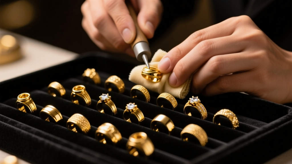 Jeweler polishing a lot of 18k gold wholesale rings with a microfiber cloth on a dark velvet tray under warm studio lighting.