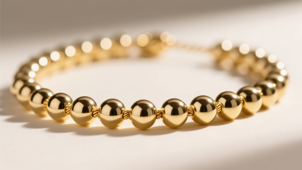 Macro shot of 14k solid gold beaded necklace with round 4mm beads, highlighting the high-polish finish and secure wire stringing.