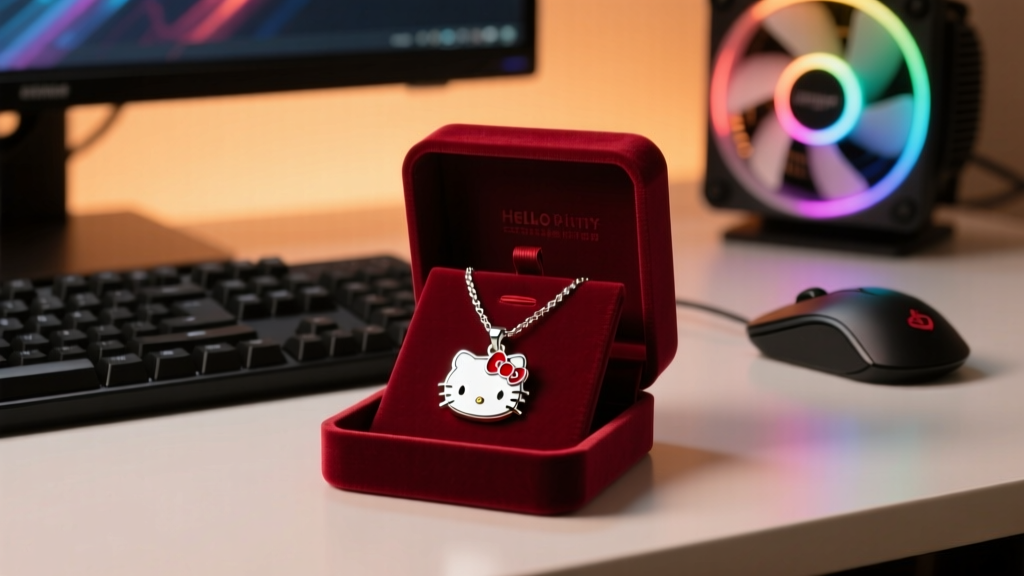 Silver and red enamel Hello Kitty pendant necklace resting in an open velvet box on a gaming desk, lit by soft, warm monitor glow.
