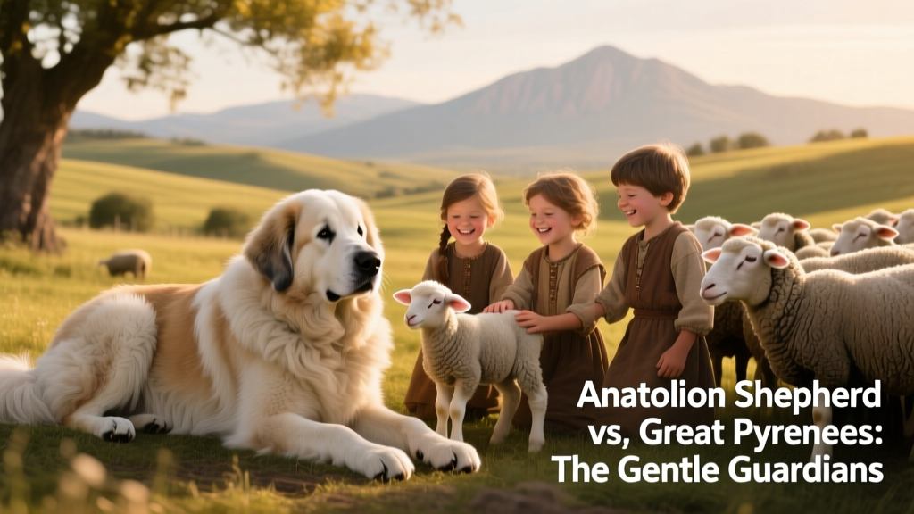 A Great Pyrenees resting calmly beside children and sheep, illustrating its gentle, protective nature
