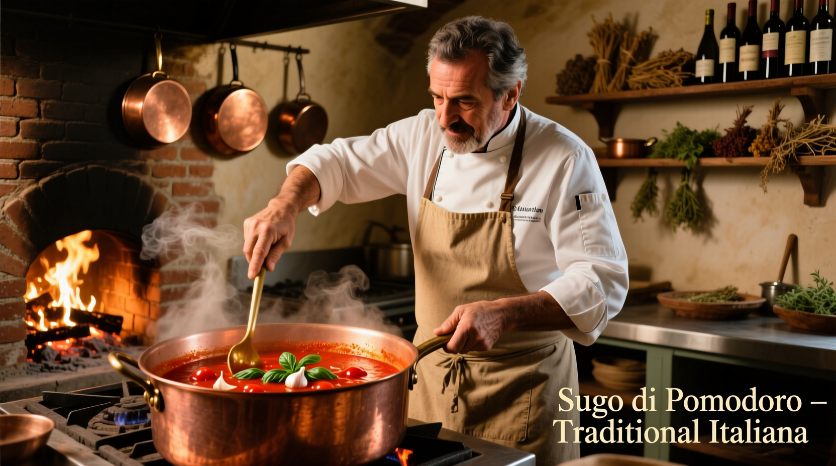 Italian chef preparing tomato sauce in copper pot