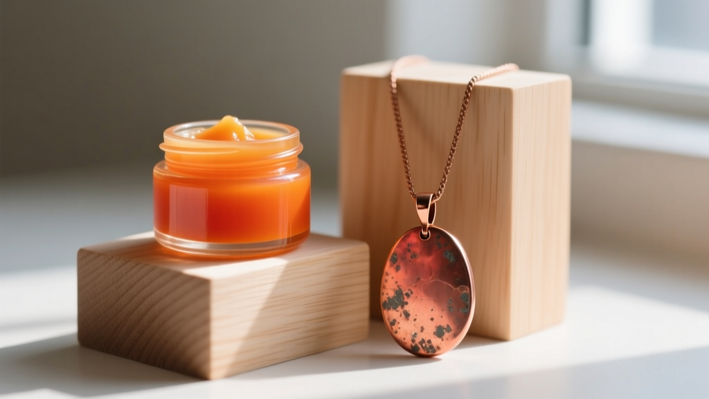 Open jar of microcrystalline wax beside a bright orange-red copper pendant resting on a light wooden jewelry display block.