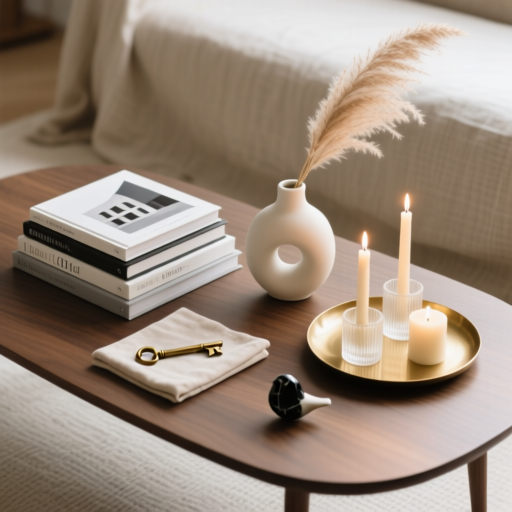 Artfully styled coffee table with books and ceramic vase