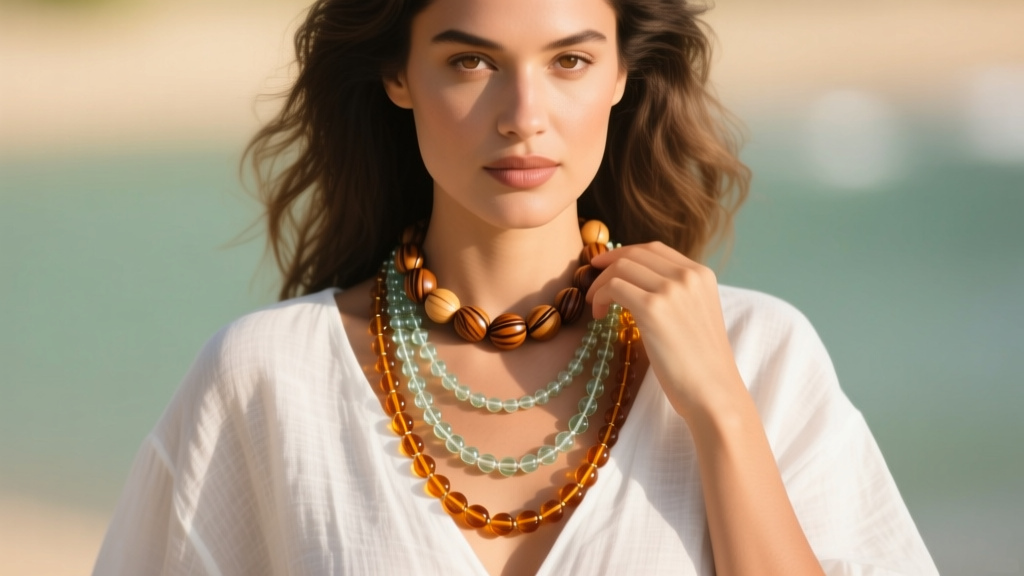 Woman styling a Hawaiian lay necklace with a 16-inch kukui nut choker and a 24-inch glass bead strand over a white linen top
