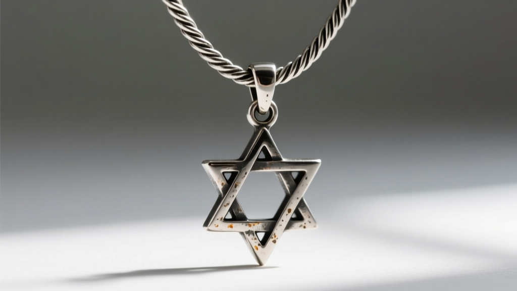 Macro shot of a 3mm oxidized silver rope chain threading through the bail of an inverted pentagram pendant, showing metal texture.
