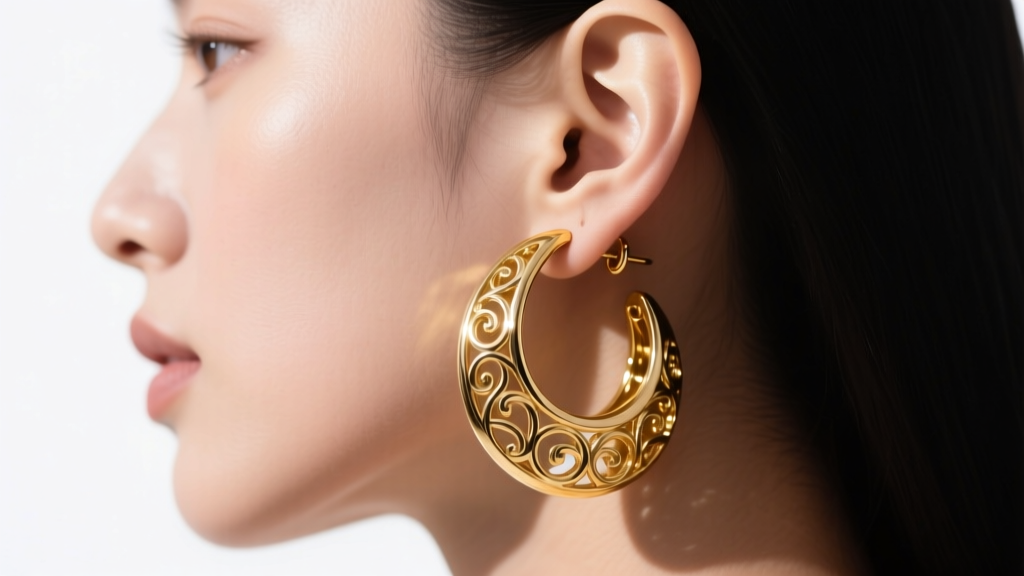 Side profile of a heavy gold-plated Potara earring pulling slightly on an earlobe, demonstrating tension on the piercing fistula