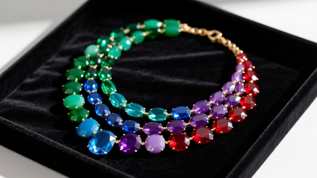 Flat lay of a heavy multi-strand J Crew statement necklace with colorful resin stones on a dark velvet jewelry display tray.