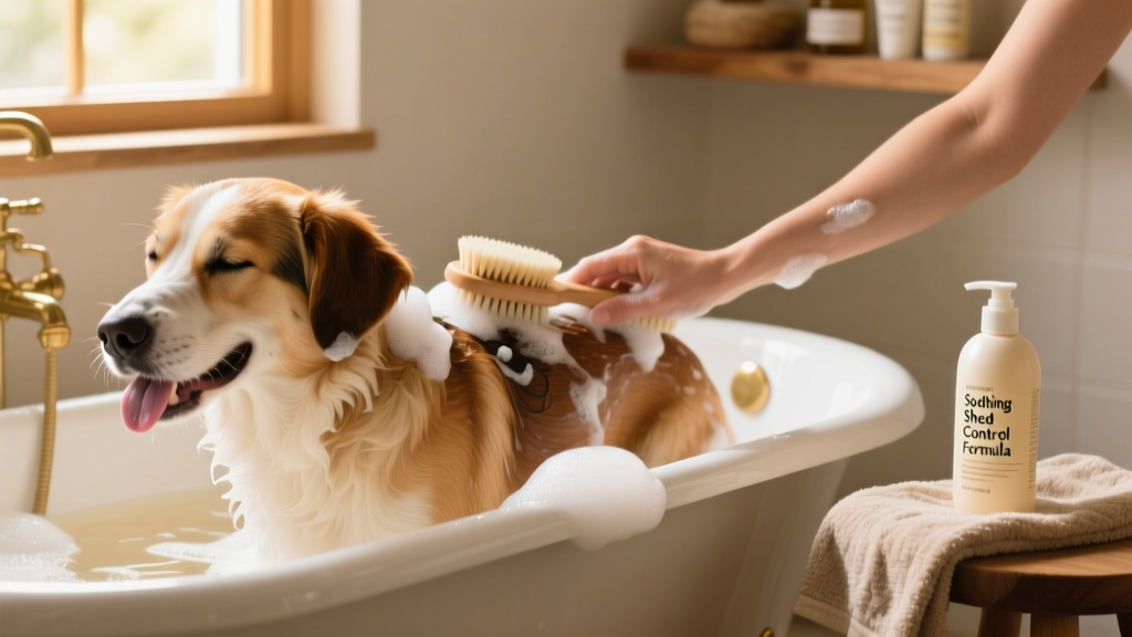 Dog being gently bathed in a tub with a low-suds oatmeal shampoo