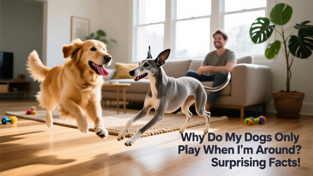 Two dogs playing together on a sunlit living room floor while their owner watches nearby