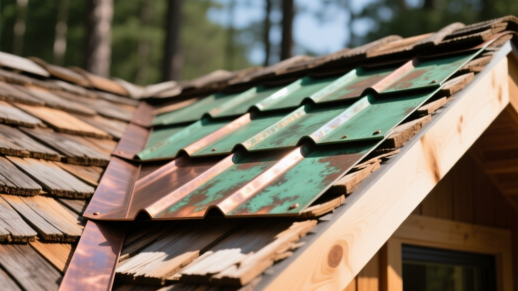 Copper step flashing installed along a cedar shingle roof valley, highlighting green patina and overlapping weatherproof layers.