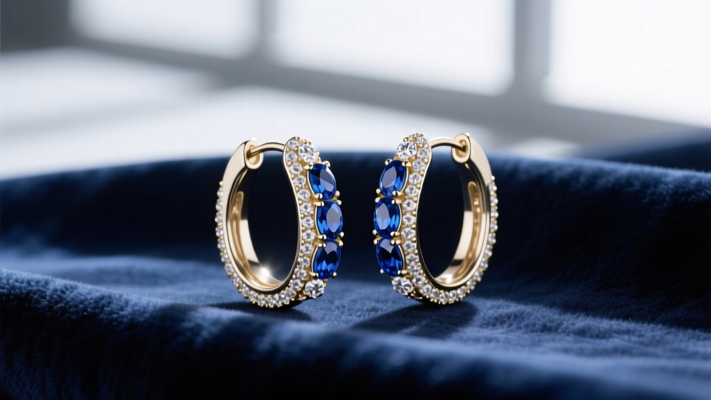 Macro shot of 18K white gold hoop earrings with oval Ceylon sapphires and round diamonds resting on dark blue velvet.