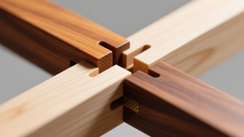 Macro shot of tightly fitted half-blind dovetail joints in contrasting maple and walnut woods, highlighting seamless glue lines