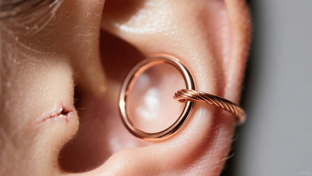 Close-up of an 18-gauge continuous rose gold hoop in a healed helix piercing, highlighting the polished wire thickness.