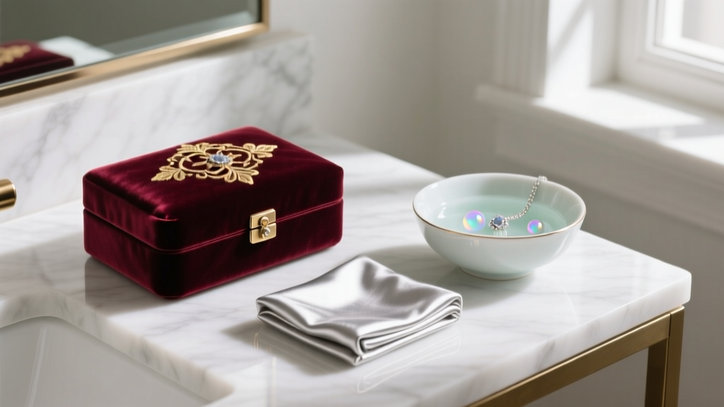 Wrapped velvet jewelry box on a marble vanity beside a silver polishing cloth and a small bowl of gentle jewelry cleaning liquid
