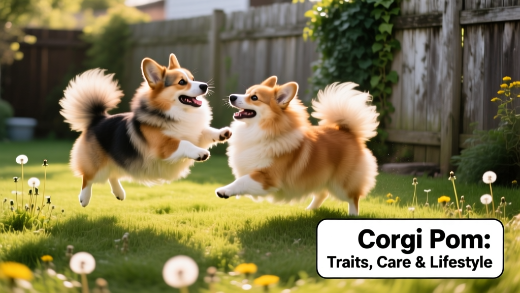 Two adult Corgi Poms playing together in a grassy backyard, showcasing their fluffy coats and lively energy