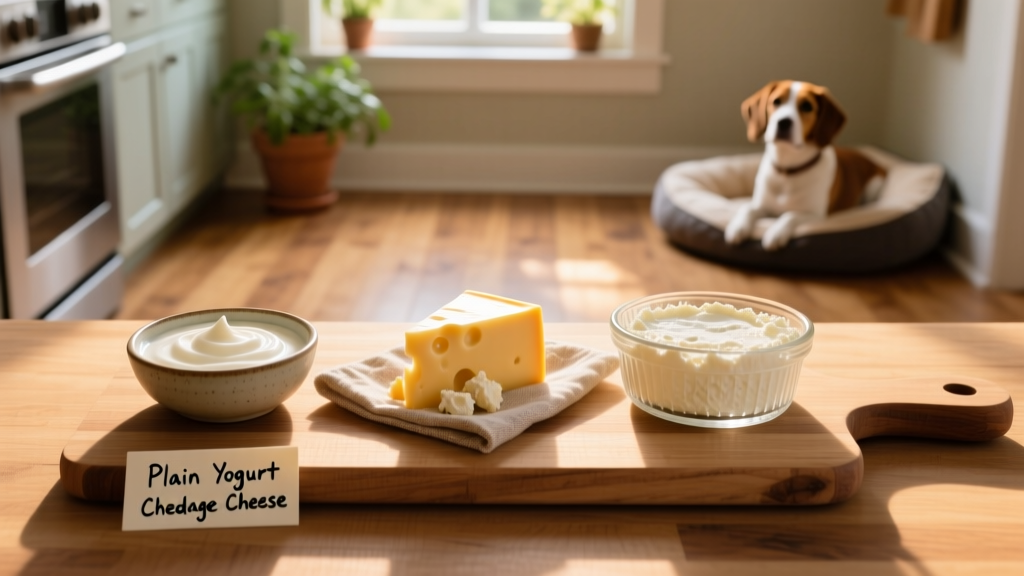Side-by-side comparison of safe dairy options for dogs: plain yogurt, cheddar cheese, and cottage cheese