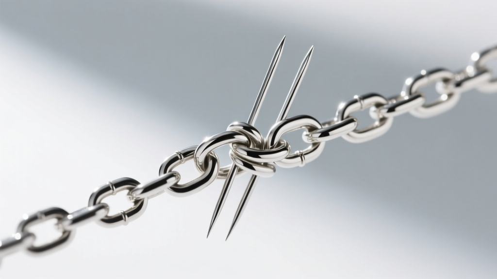 Two fine needles prying apart a tight knot in a delicate sterling silver box chain, macro shot with a softly blurred background.