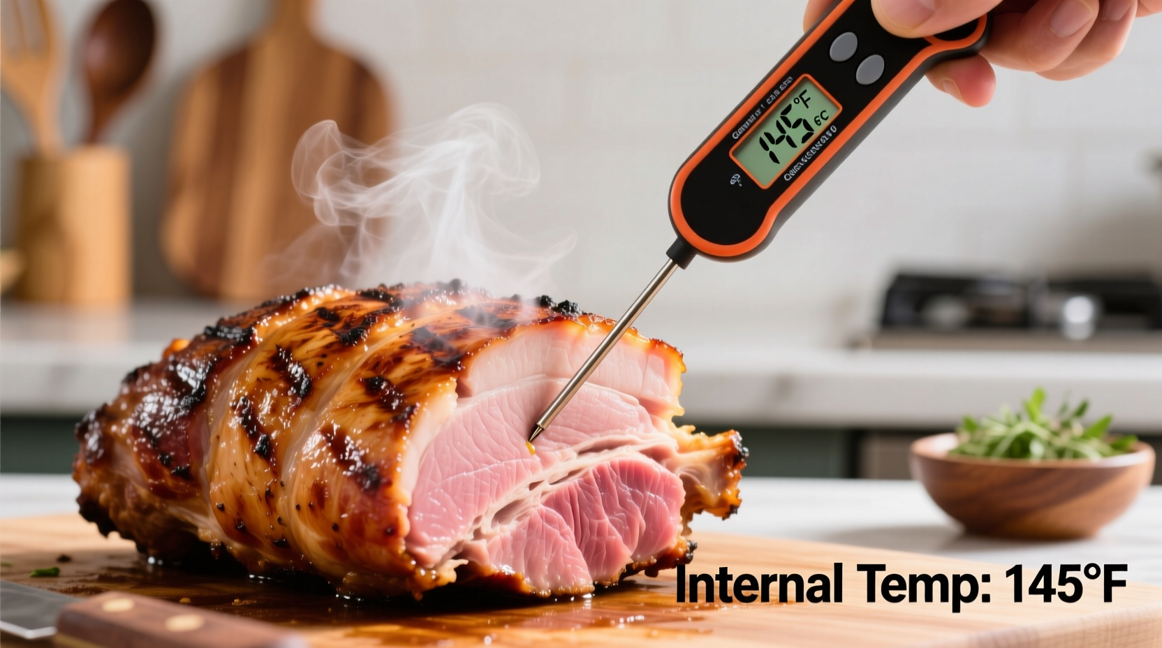 Thermometer checking pork loin internal temperature