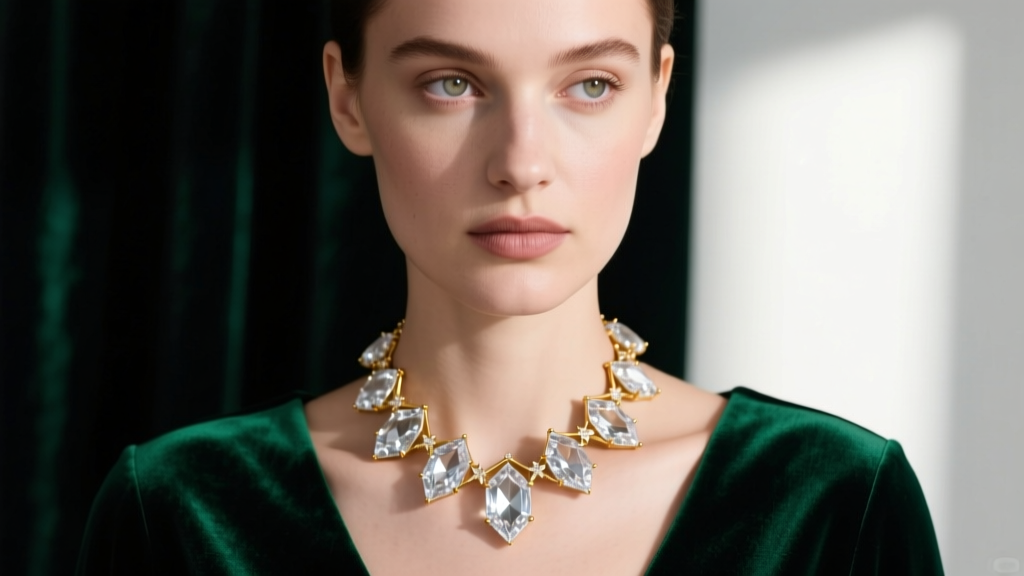 Close-up of a woman wearing a clear quartz crystal collar necklace with gold vermeil hardware against a dark emerald velvet top