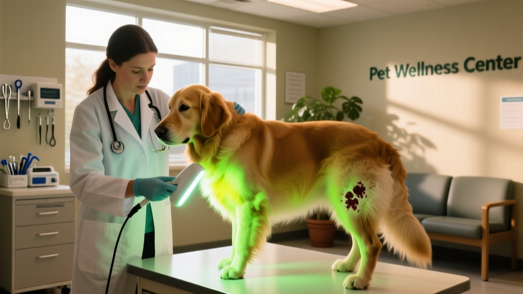 Veterinarian using a Wood's lamp to examine a dog's coat, with visible fluorescence on affected area