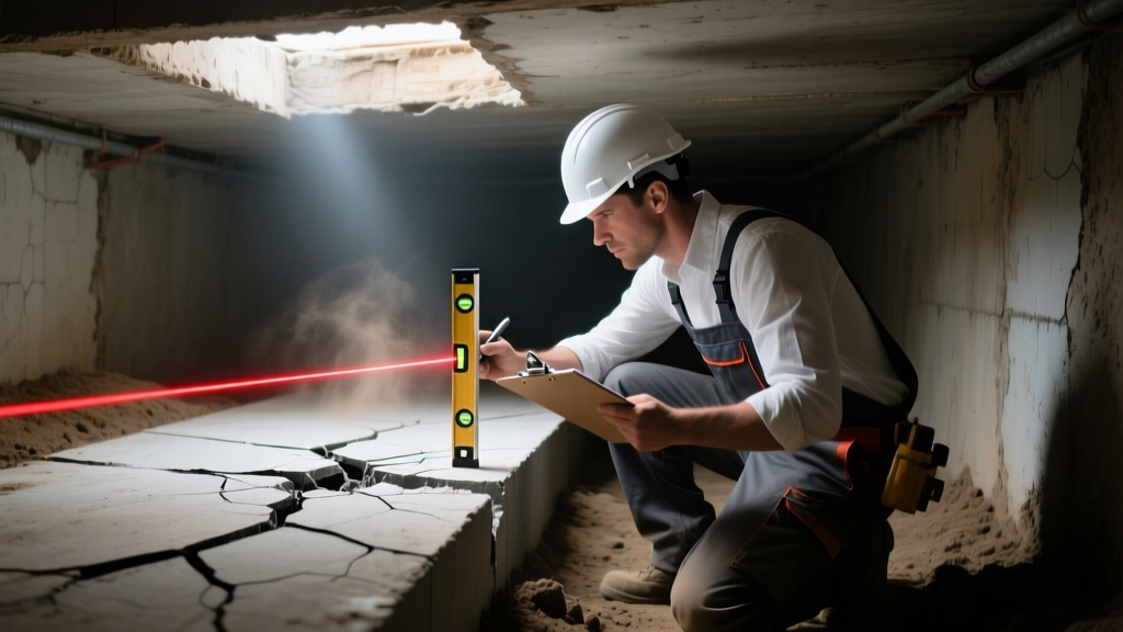 Structural engineer inspecting a cracked concrete slab foundation with a laser level and clipboard in a dimly lit residential crawl space