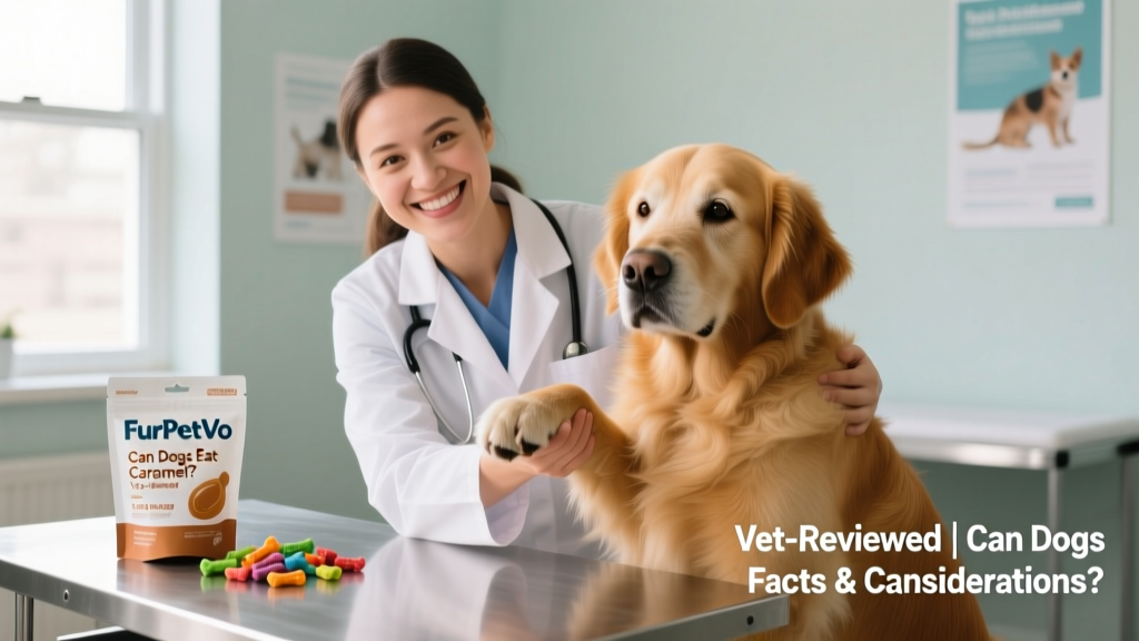 A veterinarian smiling while gently holding a golden retriever’s paw, with a FurPetVo treat bag visible on the exam table