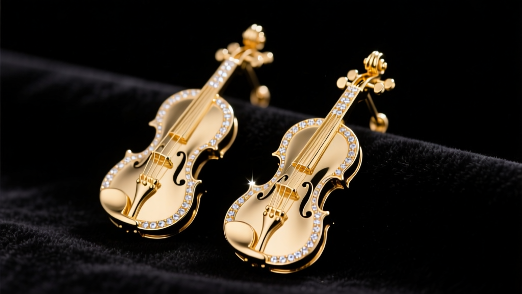 Macro shot of 14k gold violin earrings with micro-pave diamond strings on dark velvet, studio lighting highlighting metal texture