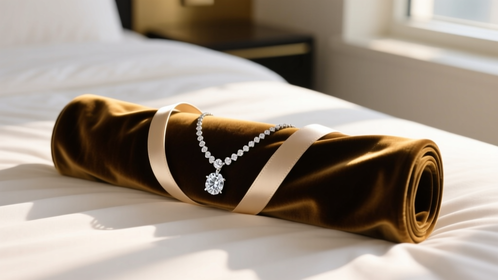 Velvet travel roll on a bed, displaying a diamond pendant necklace secured in anti-tangle straps under warm window light.