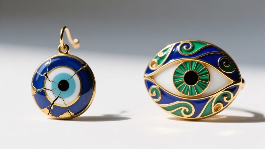 Side profile comparing a chipped enamel evil eye earring next to a pristine hand-painted guilloché enamel eye motif piece