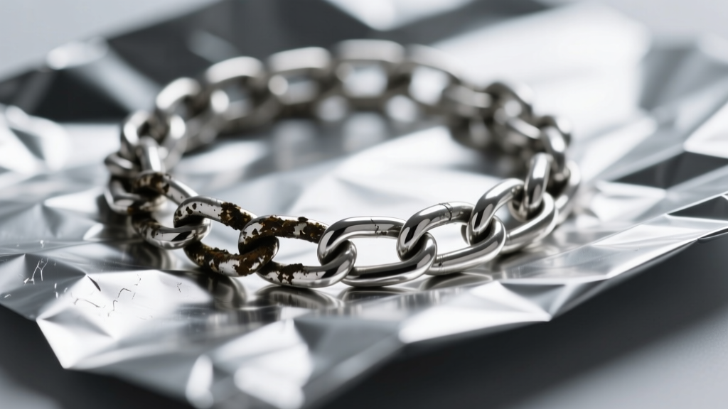 Macro photography of a sterling silver chain showing dark silver sulfide tarnish transforming into bright metal near aluminum foil