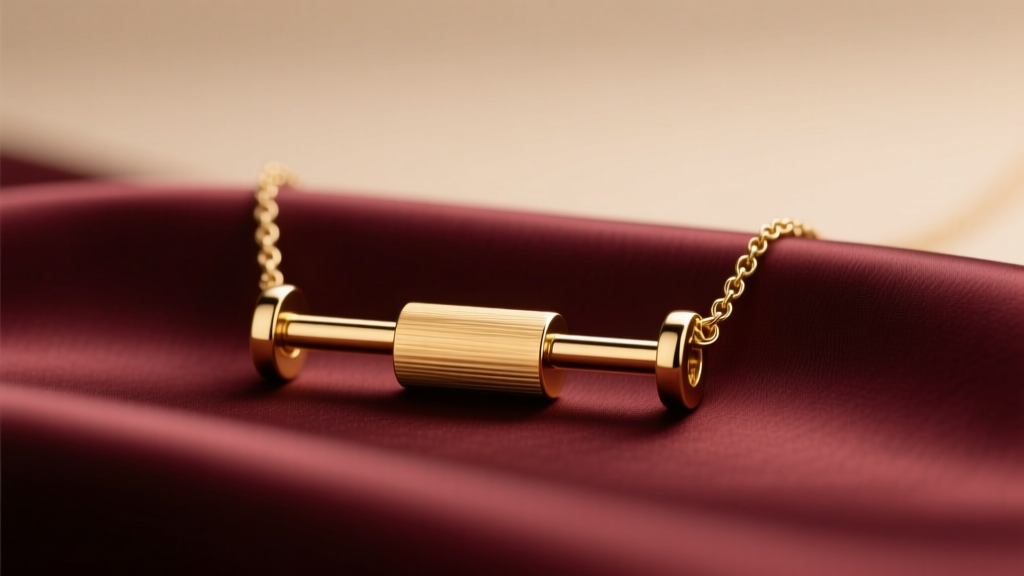 18k gold barbell necklace on silk, featuring a horizontal bar pendant with a brushed matte finish under soft, warm studio lighting