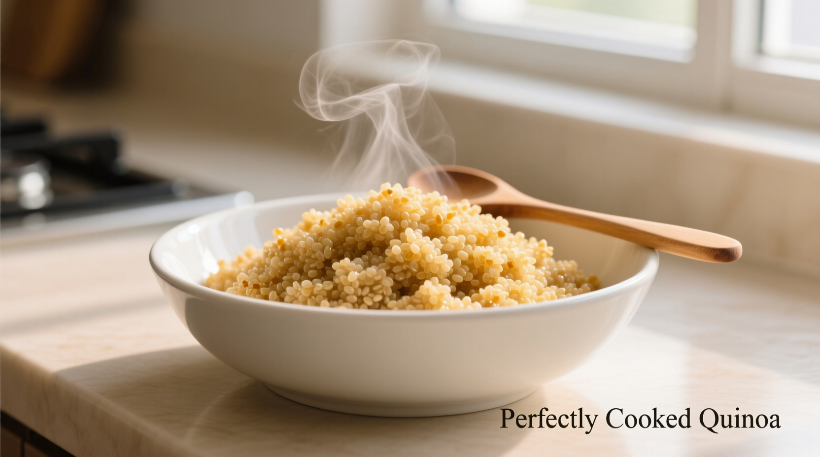 Perfectly cooked fluffy quinoa in white bowl