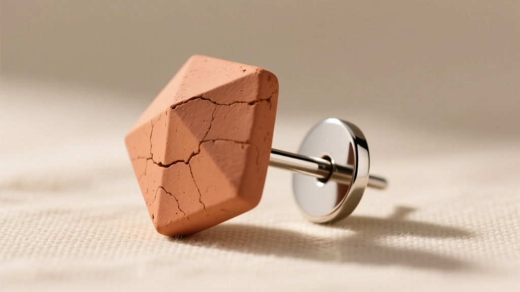 Side view of a 20-gauge stainless steel flat pad earring post embedded into the back of raw terracotta polymer clay geometric stud