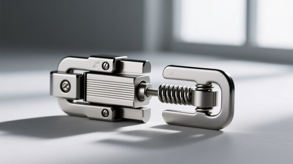 Side view of a neodymium magnetic clasp separating under tension, showing the safety release mechanism designed for weightlifting.