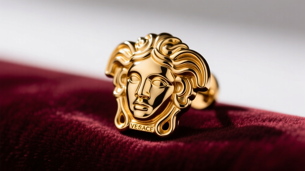 Macro view of a gold Versace Medusa stud earring on velvet, showing facial relief, bright edges, and dark oxidized gold recesses.