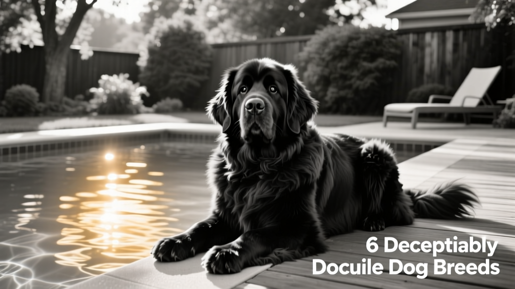 A black-and-white Newfoundland sitting patiently beside a backyard pool, tail gently wagging