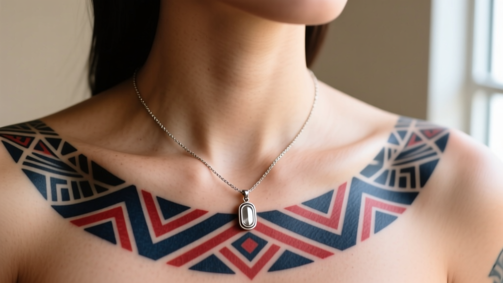 Diagram illustrating ideal necklace lengths over a clavicle Polynesian tattoo, highlighting a 22-inch matinee drop avoiding ink.