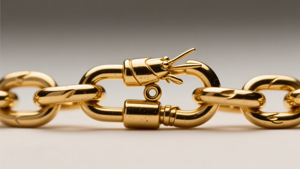 Macro shot of a two-inch gold chain extender attached to a lobster clasp, showing precise jump ring connections and metal texture.