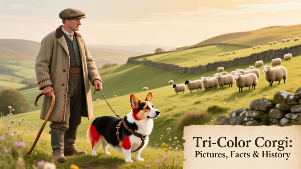 Historical illustration showing a 19th-century Welsh farmer with a tri-color corgi at his side, guiding sheep across rolling hills