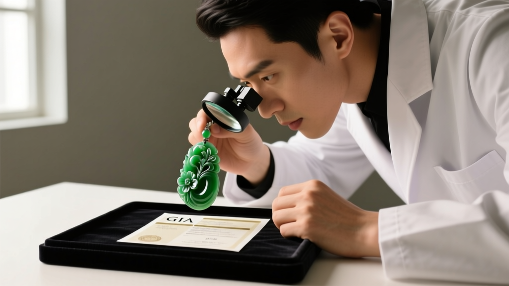 Jeweler using a 10x loupe to inspect a carved nephrite pendant while a GIA certificate rests on a dark velvet display mat.